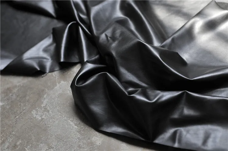 Dark Black Matte High Stretch Knitted Imitation Leather Fabric-matte Lambskin Style Four-sided Stretch PU Fabric