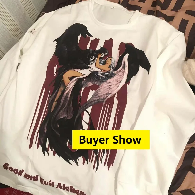 T-shirt donna t-shirt top felpa con cappuccio Gothic Street novità Kpop Vintage Ins Casual Hiphop Cool Printing Demon Evil Queen Dark Skull