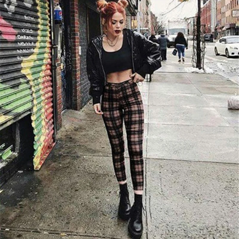 2024 New Streetwear High Waist Spandex Women Leggings Big Size XS-XXXL Female Fashion Plaid Pencil Pants Leggings Trousers Red