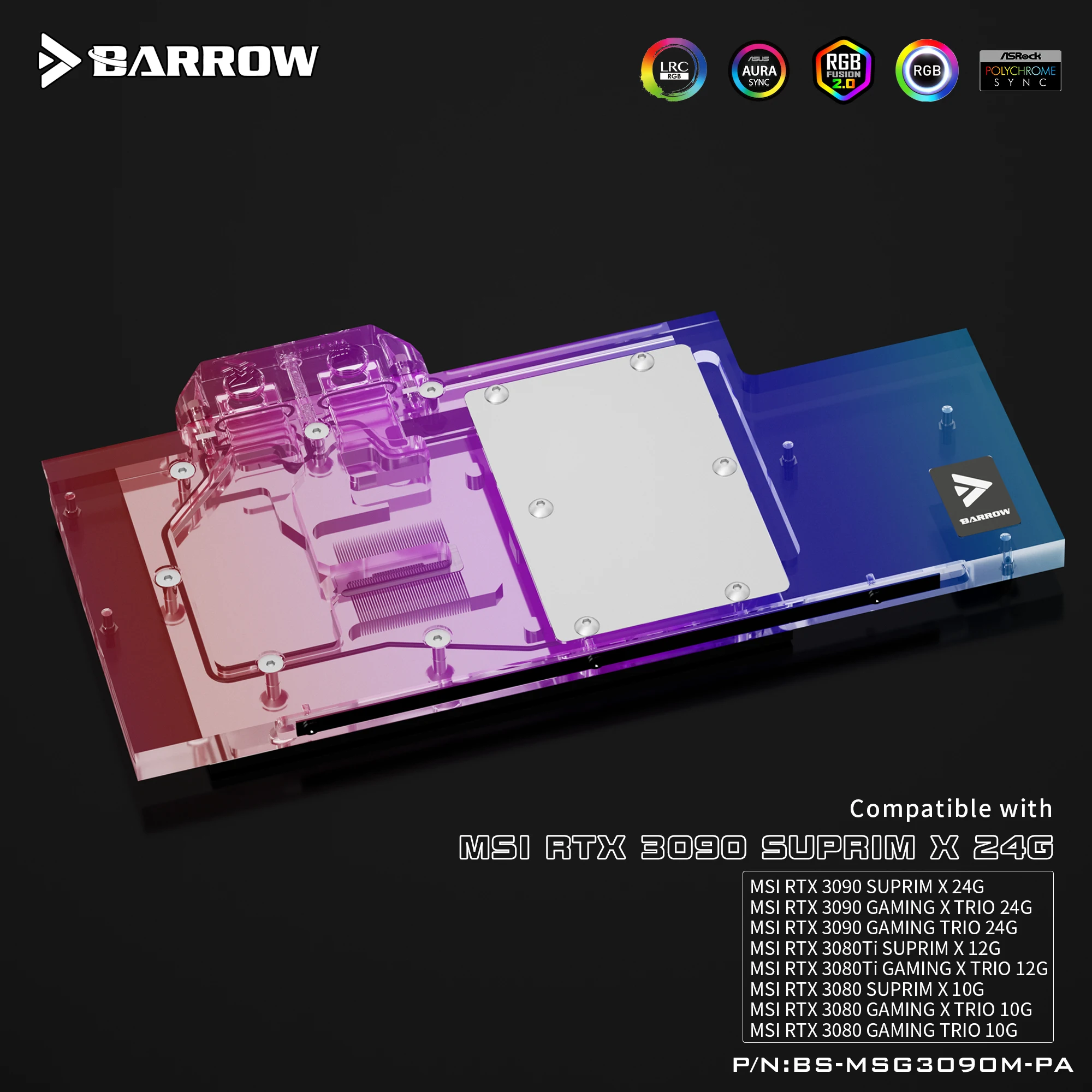 

Barrow LRC2.0 full coverage GPU Water Block for MSI RTX3090 TRIO Aurora , graphics cards water block BS-MSG3090M-PA