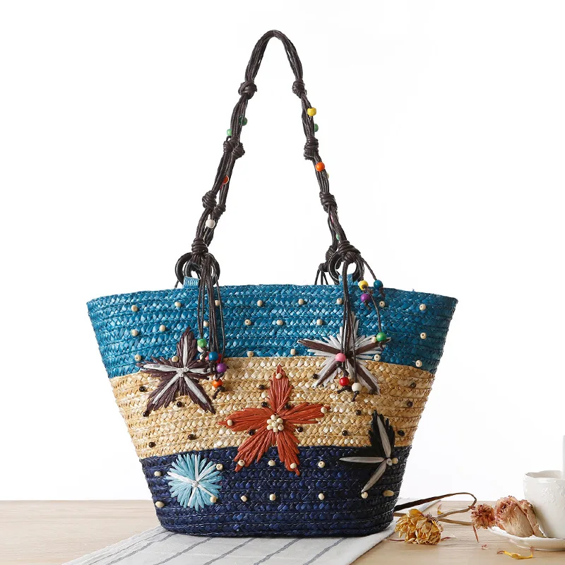 Bohemian Hand-embroidered Starfish Straw Bags Beaded Wicker Woven Women Shoulder Bag Rattan Handbag Summer Beach Large Tote 2021