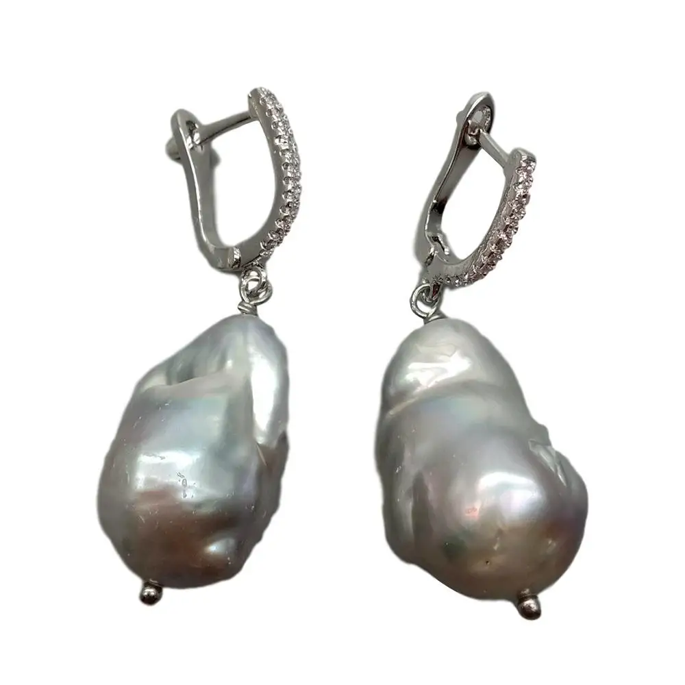 YYGEM natural Cultured Silver Gray Nucleated Flameball Baroque Pearl Cubic Zirconia Pave LeverBack  dangle Earrings - view 2