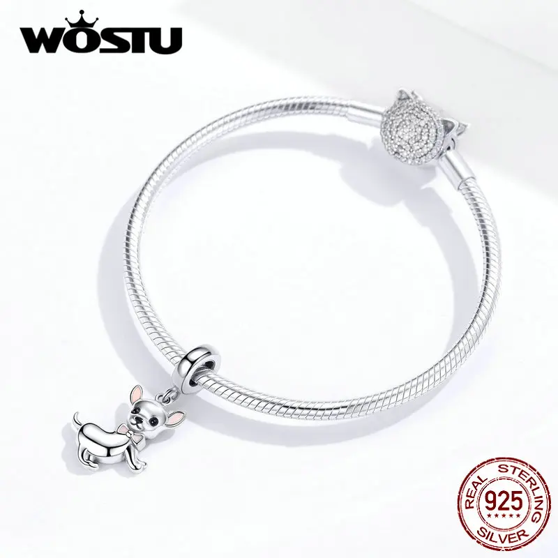 WOSTU Authentic 925 Sterling Silver Chihuahua Dog Charm Fit Original Bracelet DIY Beads Necklace Pendant Jewelry Making CQC1317