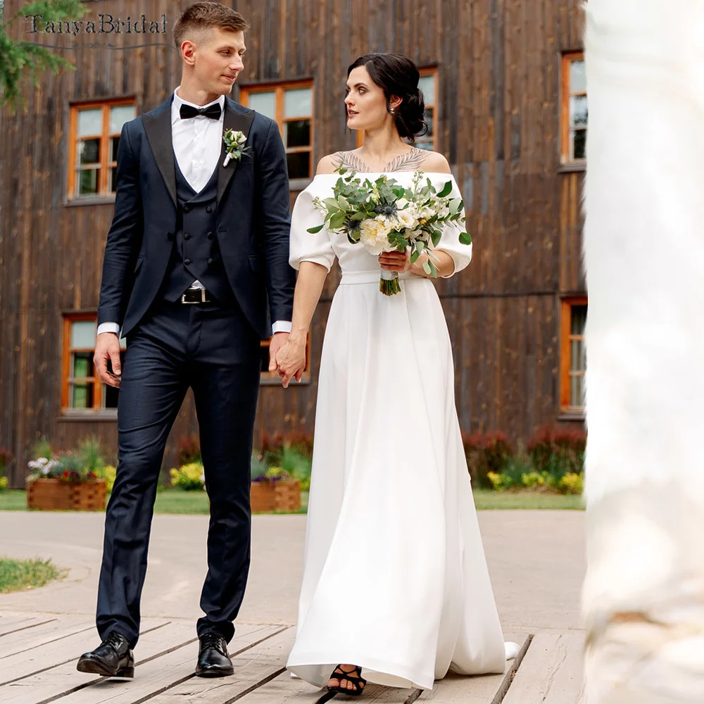 Suknie ślubne w nowoczesnym stylu z dekoltem łódkowym, linia A, długość do podłogi, oszałamiające satynowe suknie ślubne, suknia wieczorowa w stylu boho DW477