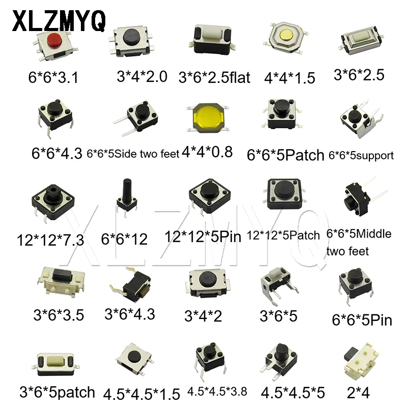 250pcs/box 25 Models Car Remote Control Tablet Micro Switch Key Touch Tactile Push Button Component 2*4 3*6 4*4 Switches Set