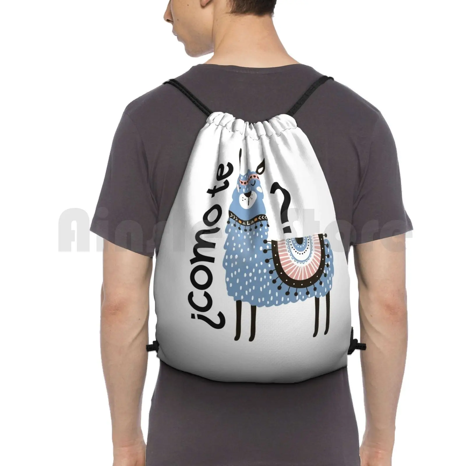 Como Te Llamas ? Funny Blue Llama Backpack Drawstring Bag Riding Climbing Gym Bag Como Te Llamas Como Llama Animal Blue