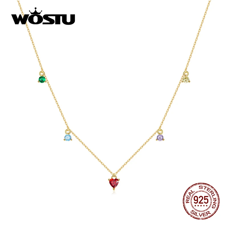 WOSTU 925 Sterling Silver Colorful Zircon Dangling Shining Long Chain Link Necklace For Women Fine Jewelry CTN234