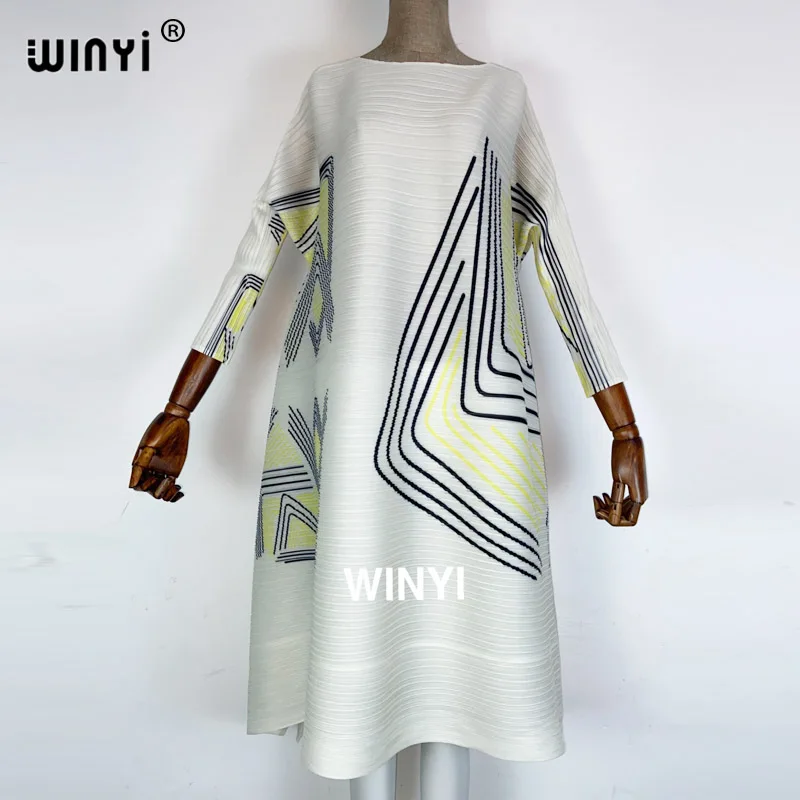 2021 Pleated maxi Dress Women Geometric Seven Sleeve Over Size Round Collar Wild Hit Color Casaul Summer Fashion WINYI