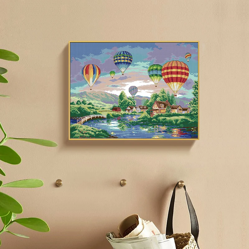 Joy Sunday Bright Hot Air Balloon Cross Stitch Embroidery Set Print and Count DMC Children DIY Needlework Set Home Decor Gift