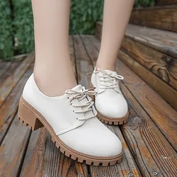 Round Toe Leather Square Heel Lace-Up Mary Janes Platform Pumps Women Shoes 2022 Summer Shoes Woman British Wind Student Shoes