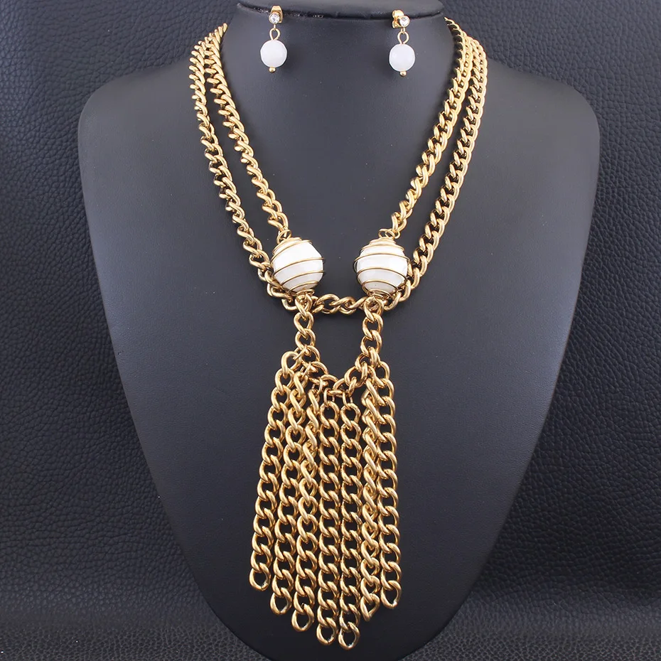 

45CM Long Chains Sweater Drop Necklace & Stud Earrings Gold Color Fashion Stainless Steel Jewelry Sets For Women SEUZADCD