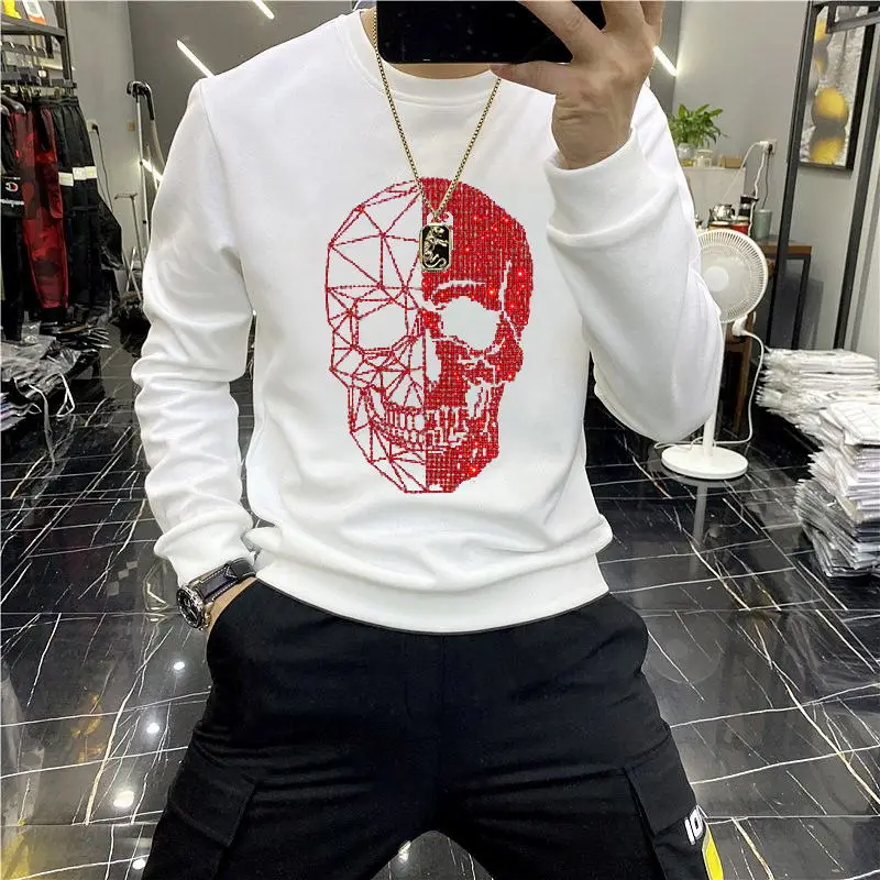 2021 Autumn And Winter Fashion Pure Cotton Warm O-Neck Men\'s Hoodie Diamond Skull Hoody Sweatshirt Casual Top M-5XL