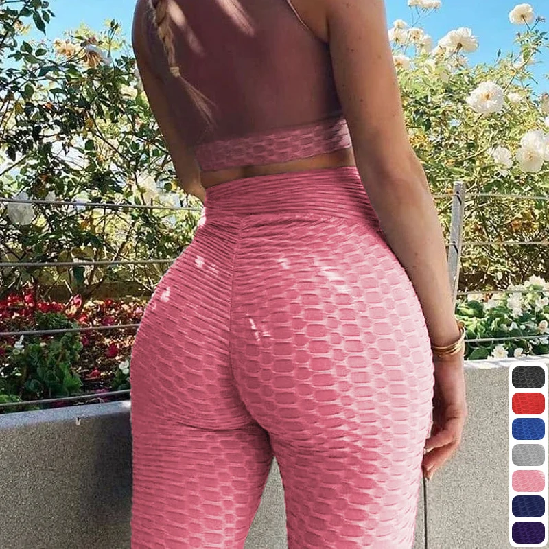 High Waist Leggings With Pocket Women Fitness Scrunch Butt Lifting Grid Leggings Booty Push Up Seamless Leggins Stretch Panties