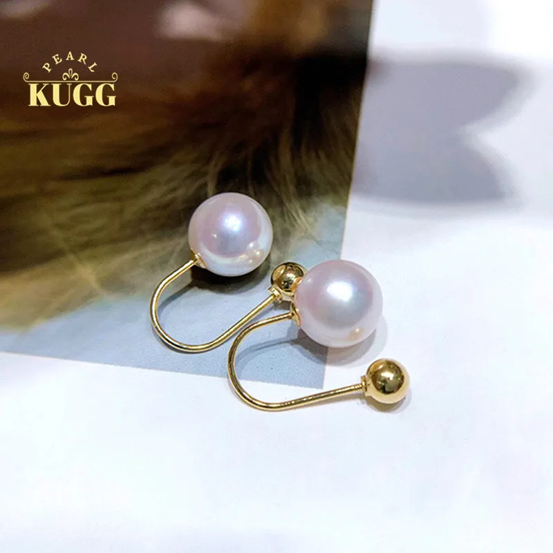 

KUGG PEARL 18k Yellow Gold Earrings Natural Freshwater White Pearl Earrings Handmade Jewelry U Shape Drop Earrings for Women