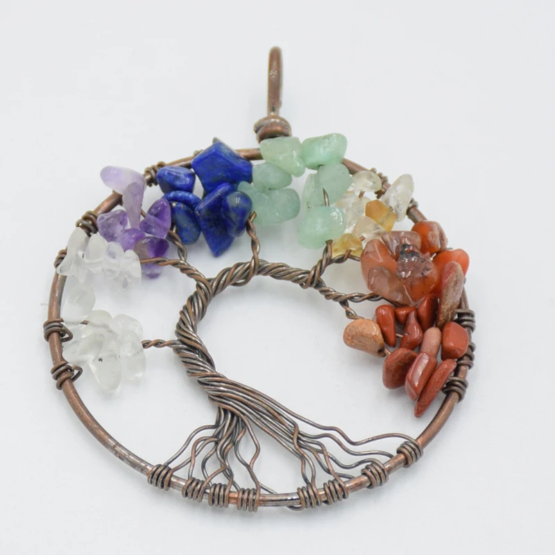 Vintage Multi-color Natural Stone 7 Chakra Tree Of Life Necklace Pendant Women Round Handmake Copper Wire Wrap Pendants Jewelry