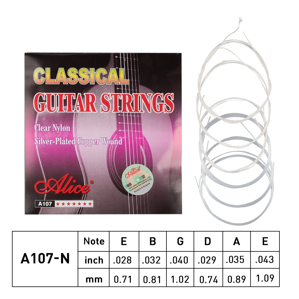 

1 Set Original Alice 1st-6th Classical Guitar Strings Clear Nylon Core Silver Plated Copper Alloy Wound Normal Tension A107-N