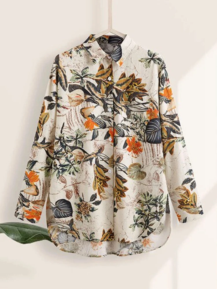 Spring and autumn large size long-sleeved cotton and linen fashion ladies\' lapel loose retro printed pocket casual shirt