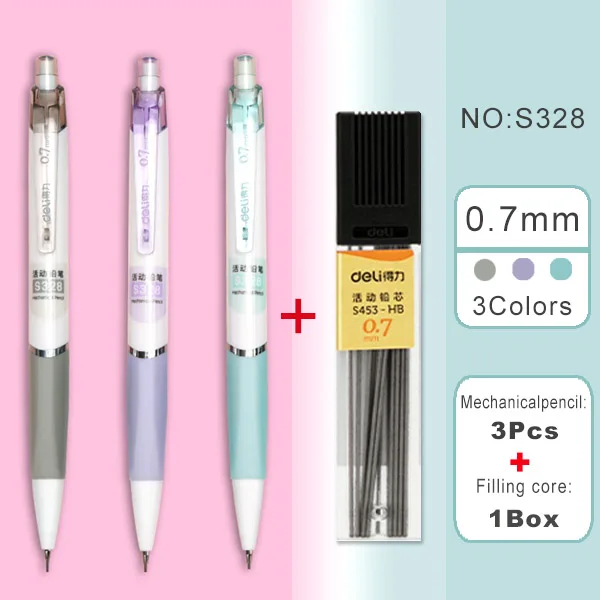 Deli Druckbleistift 0,5 mm/0,7 mm Mine-Nachfüllung für Schüler, Schreibwaren für Kinder, Schulbedarf, automatischer Bleistift mit Radiergummis