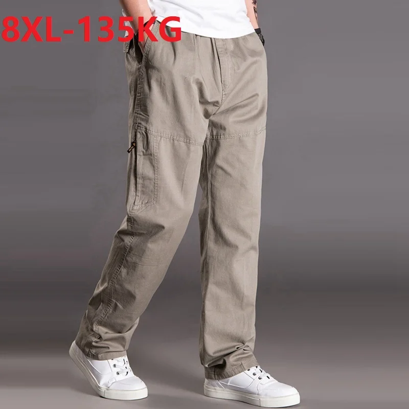 

spring summer Men safari style cargo pants pockets zipper plus size 7XL 8XL loose pants out door straight pants loose army green