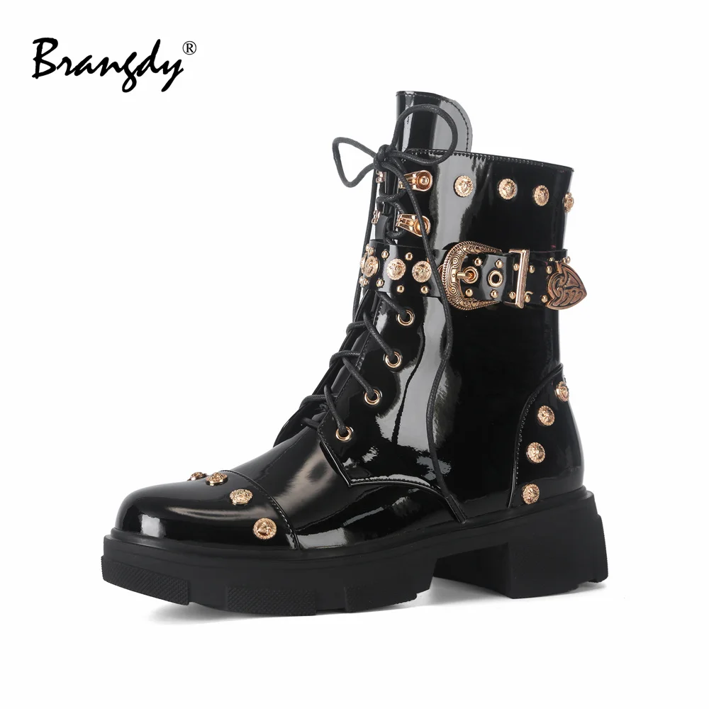 

Brangdy Women Boots Fashion Rivet Metal Buckle Womens Goth Shoes Lace Punk Patent Leather Ankle Boots Zipper Size 34-39