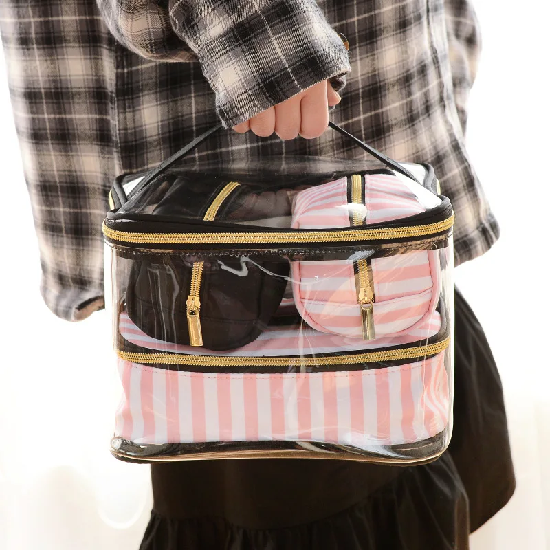 2021 Transparent PVC Cosmetic Bag Travel Toilet Bag Four-Piece Portable Multifunction Set Pink Makeup Organizer Bag Cosmetician