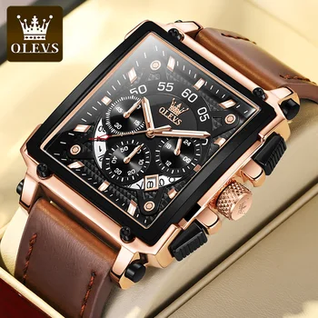 OLEVS Top brand men's watches square quartz watch waterproof leather strap sports watch men Relogio Masculino