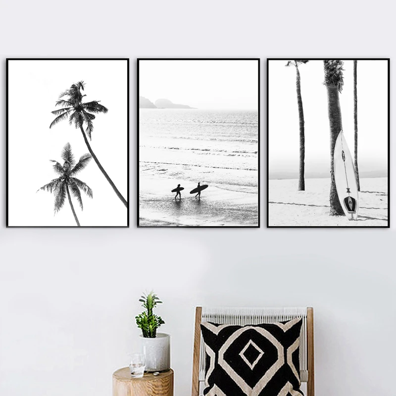 Black and White Coastal Surfing Landscape Posters & Prints Sea Wave Surfboard Photography Pictures Canvas Painting Home Decor