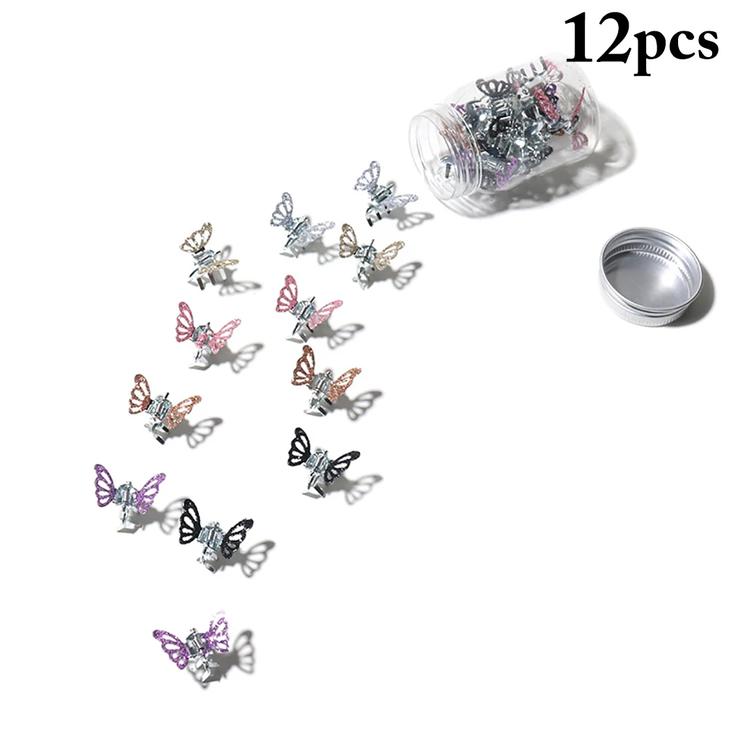 12PCS Shining Butterfly Hair Jaw Clip Mini Hair Grip Claw Glitter Hair Clip for Women with Bottle Hairdress Hair Accessories