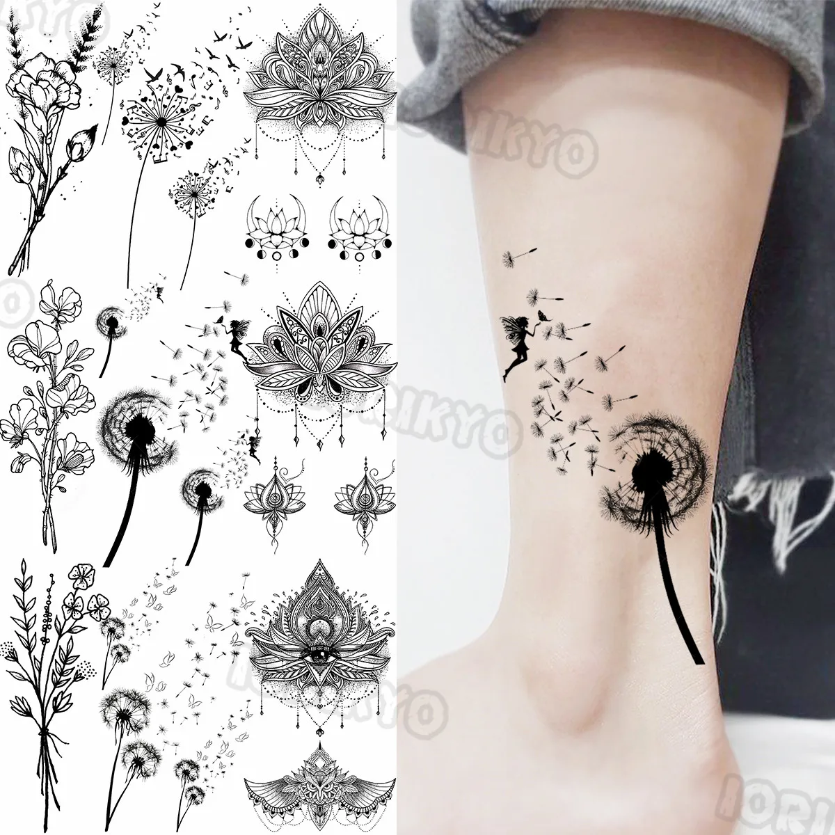 Black Dandelion Temporary Tattoos For Women Girls Realistic Henna Thorn Daisy Fake Tattoo Sticker Waterproof Leg Body Tatoos