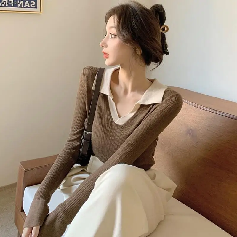 Autumn Women's Sweater V-Neck Knitted Top Korean Slim Long Sleeve Sweater Fashion Girl Sexy Thin Sweater  y2k Sweater