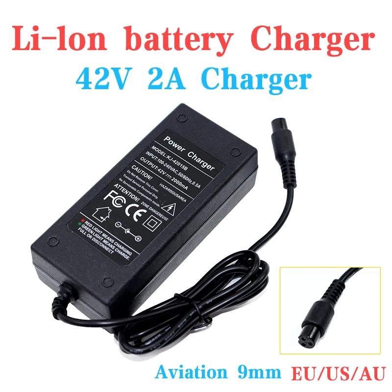 Cargador de batería de iones de litio, cargador de 36V, 2A, 10S, 42V, 2A, 18650, para AC 100V-240V, aviación, 9,0mm