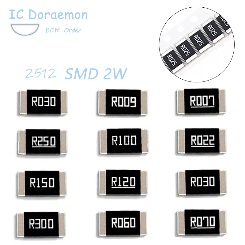 20PCS Alloy Resistor 2W R010 R020 R030 R040 R050 R060 R007 R500 R250 2512 1%  R002 R025 R006 R070 R100 R120 R150 R300 R1000 SMD