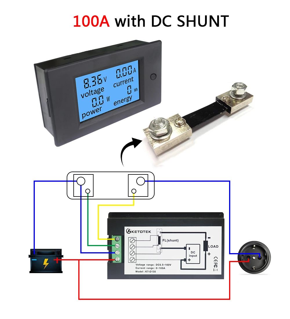 20A/50A/100A Digital Meter DC 6.5-100V Voltmeter Ammeter LCD 4 in1 Volt Amep Power Energy Meter Detector Amperimetro Shunt