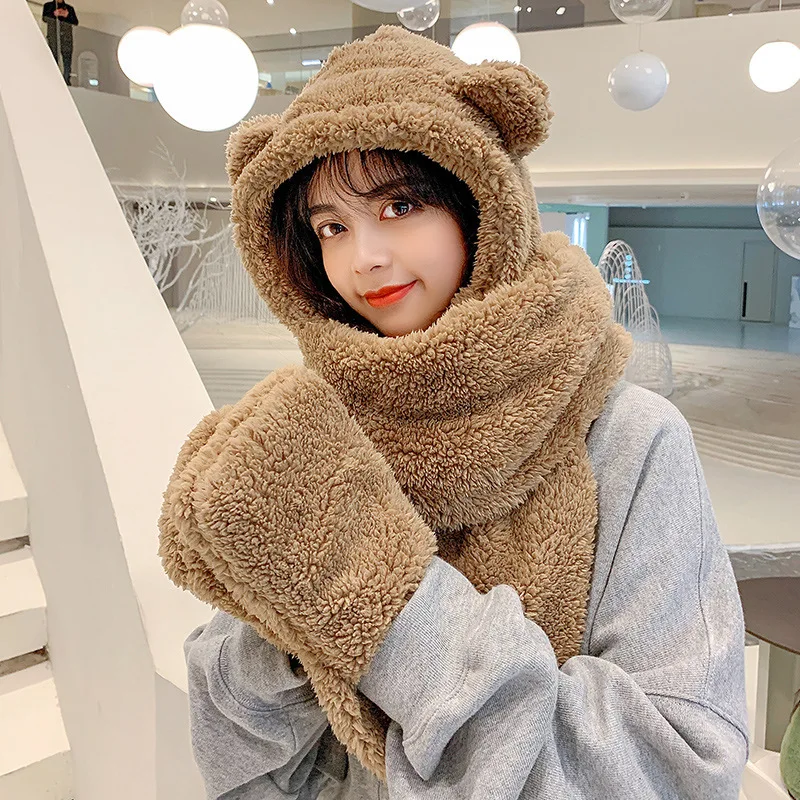 Lamb Wool Winter Beanie Hats For Women Girls Scarf Gloves One Piece Warm And Cold Ear Protection Cotton Cap Female Cute Bear Hat