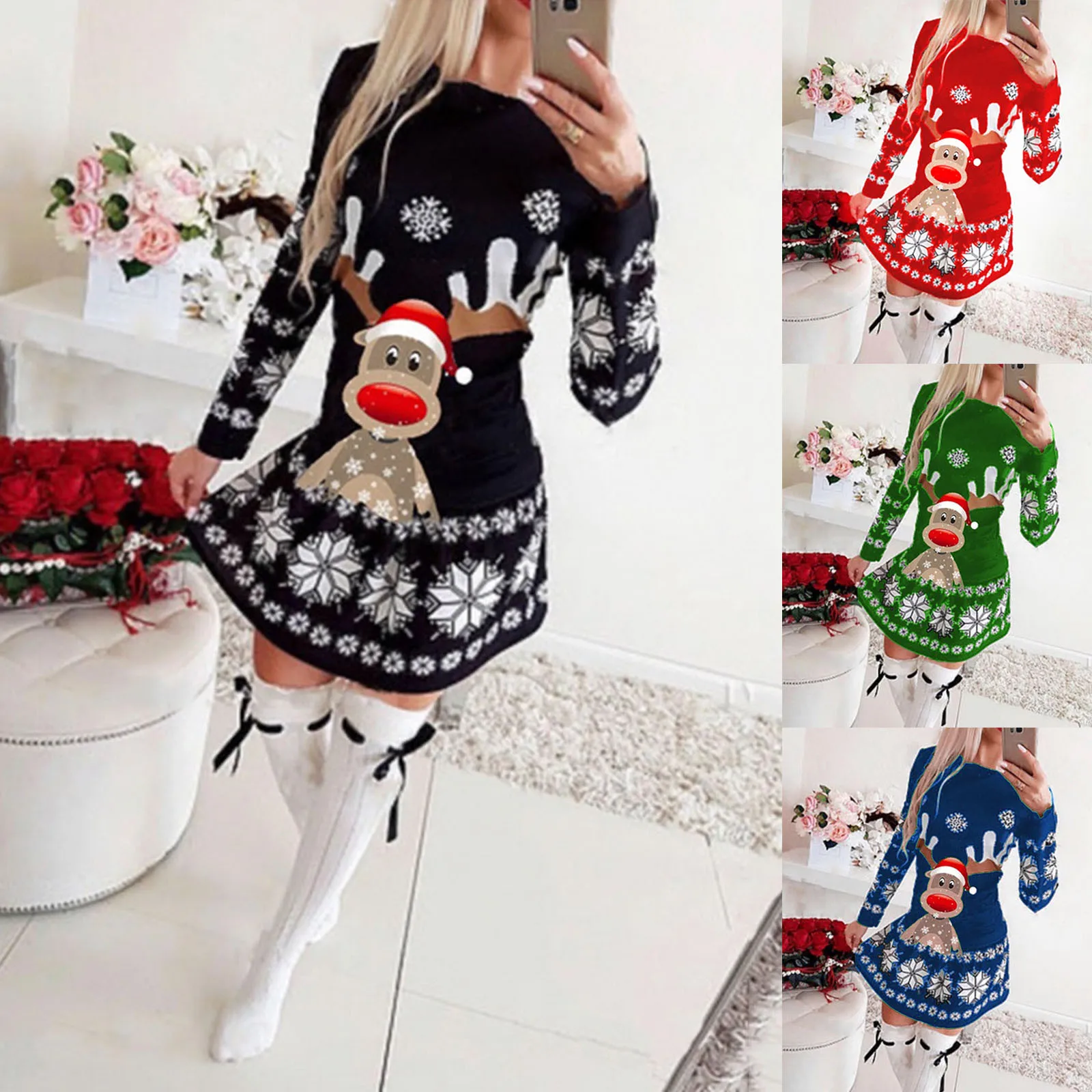 Womens Christmas Dresses 2021 New Sweatshirt For Women Casual Round Neck Fashion Elk Printed Tops Female Long Sleeve Pullover