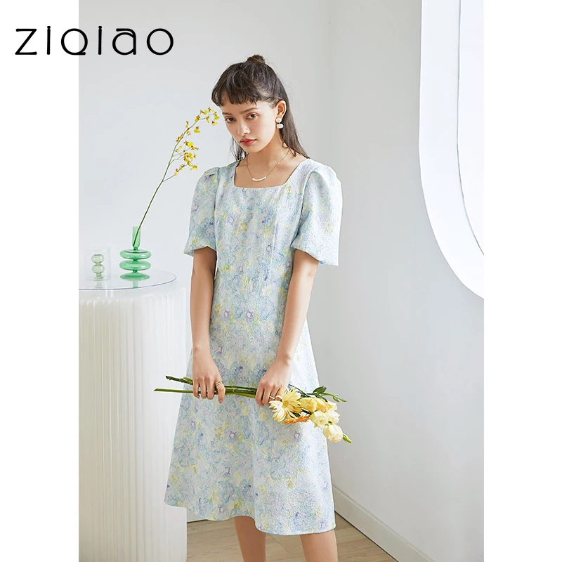 ZIQIAO Japanese Casual DressOffice Lady Square Collar Blue Floral Dress Summer New French Temperament Painting Dress