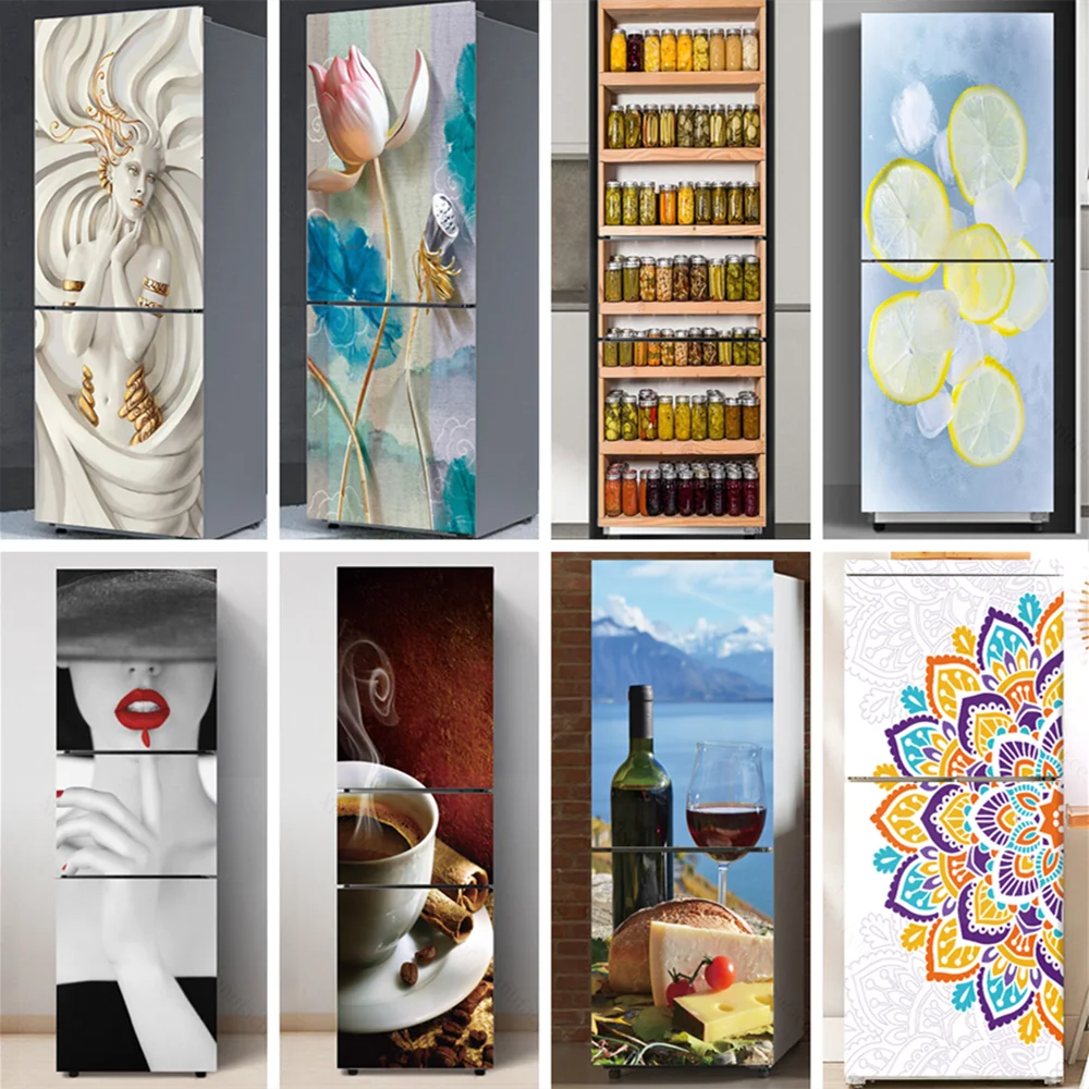 Custom Size Big Refrigerator Full Door Cover Decal Vinyl White Relief Girl Removable Sticker For Kitchen Art Décor Wine Cabinet