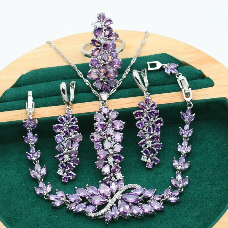 New Multicolour Purple Topaz 925 Silver Jewelry Set For Women Bracelet Earrings Necklace pendant Ring Birthday Gift 4PCS