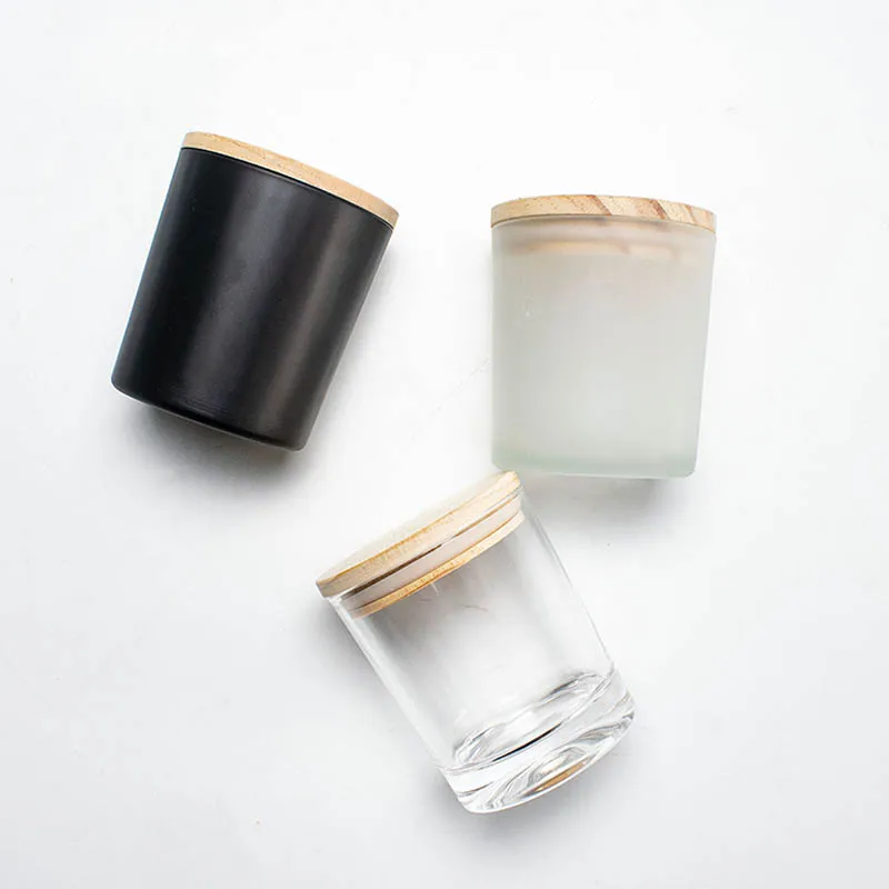 Aromatherapy Glass Candle Cup with Wood Lid Matte black Wax Container Candlestick for Home decor DIY Candles making empty Jars