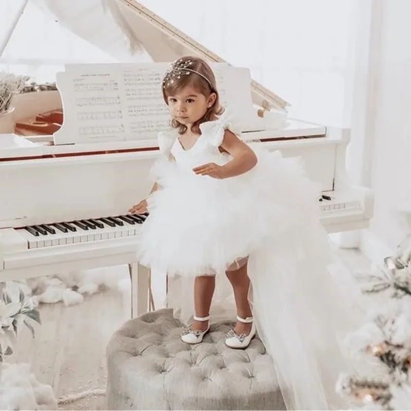 Pageant oi-lo em camadas vestido da menina da flor para o casamento e festa inchado tule crianças infantil vestidos de aniversário com trem longo