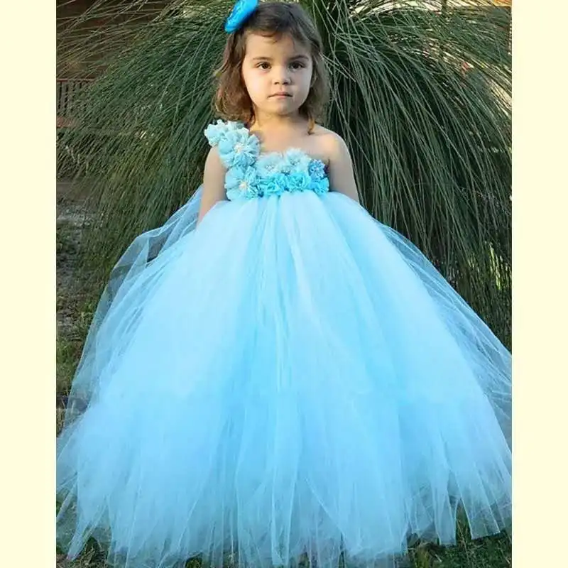Light Blue Wedding Flower Girl Dress Tulle Tutu Dress Baby Kids Pageant Party Ball Gown Children Princess Dress Vestido Menina