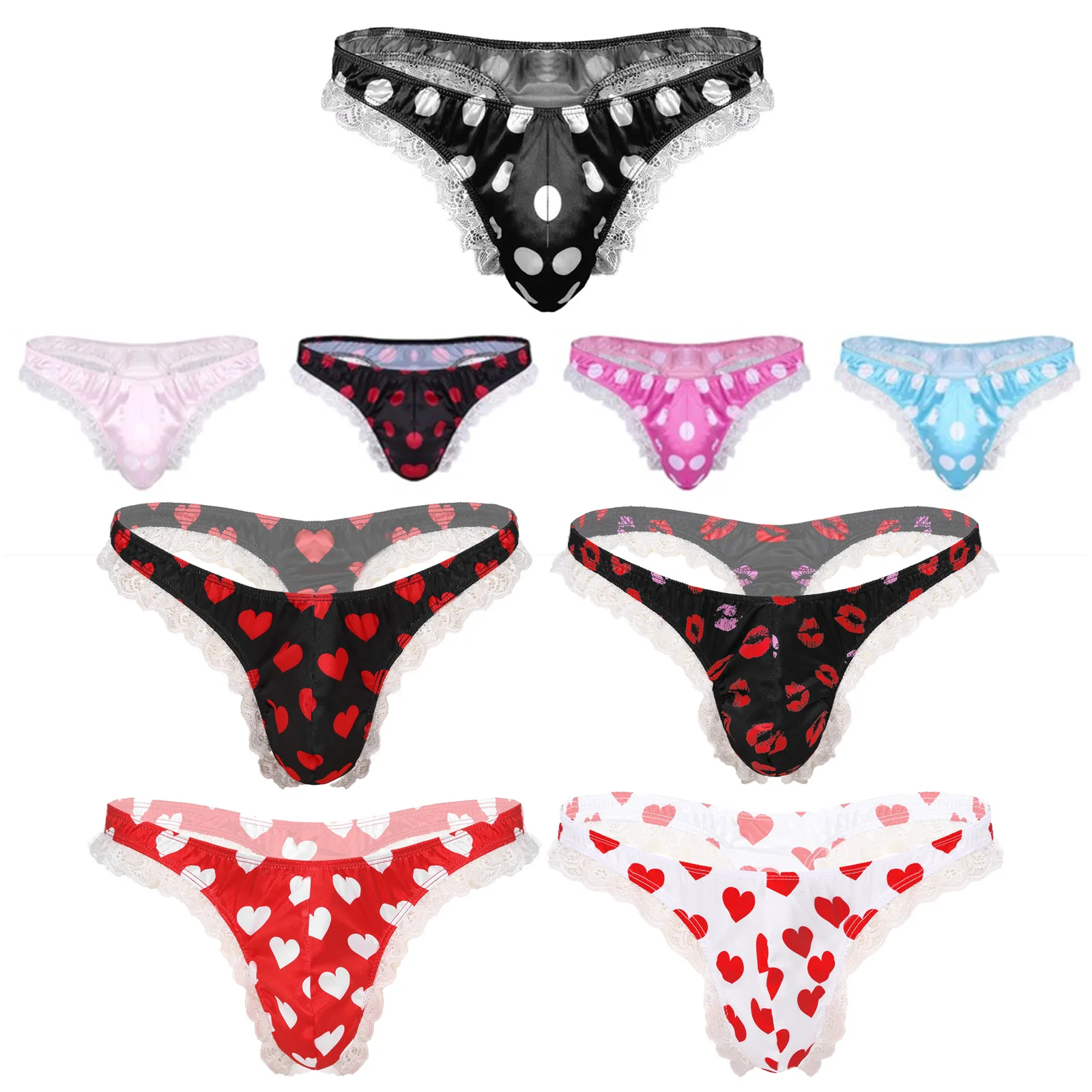 Sexy Sissy Panties Mens Shiny Satin Polka Dot Bikini G-string Briefs Hot High Cut Ruffle Lace Knickers Underwear Gay Micro Thong