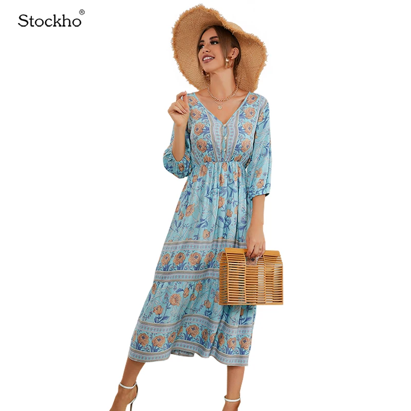 

Dress Woman Summer Print Dress Fashion V-Neck Long Skirt 2021 New Bohemian Style Big Swing Skirt Casual All-Match Waist Slim Fit