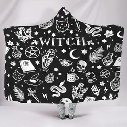 Black and White Witches Magic Tattoo Cat Snake Skull Moon Stab Magic Symbol Print Hooded Blankets Soft Warm Plush Hoodie Blanket