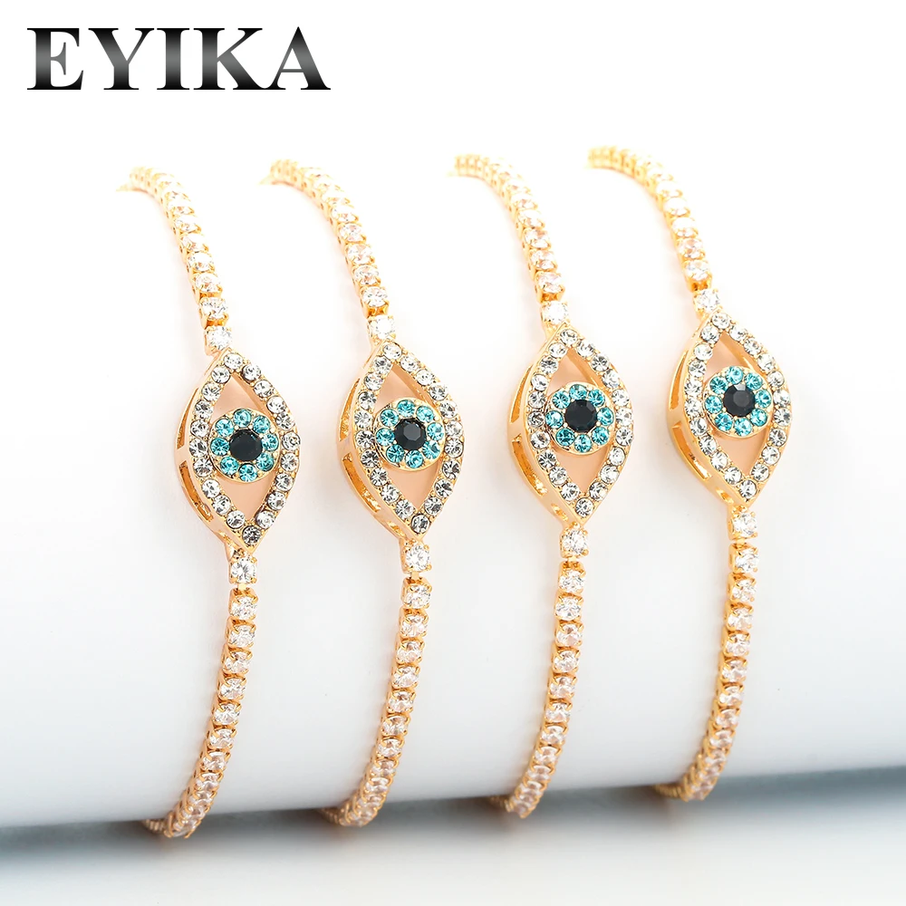 EYIKA New Fashion Zircon Greek Blue Evil Eye Bracelets Supplies for Women Gold Silver Color Adjustable Tennis Chain Charm Bangle