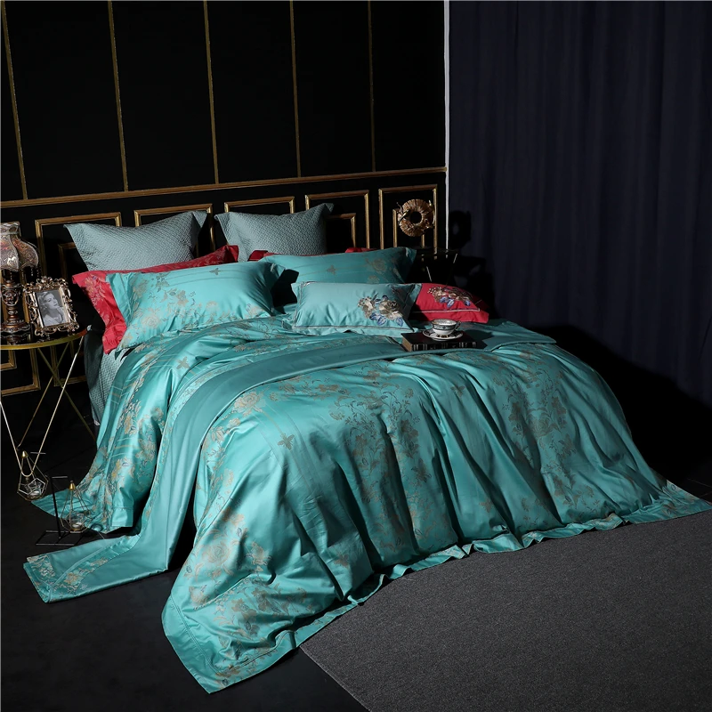 Green Fabric Flowers Design Bedding Set Luxury Jacquard Embroidery 4/7Pieces Pure Cotton Bedspread Sheets Pillowcase Duvet Cover