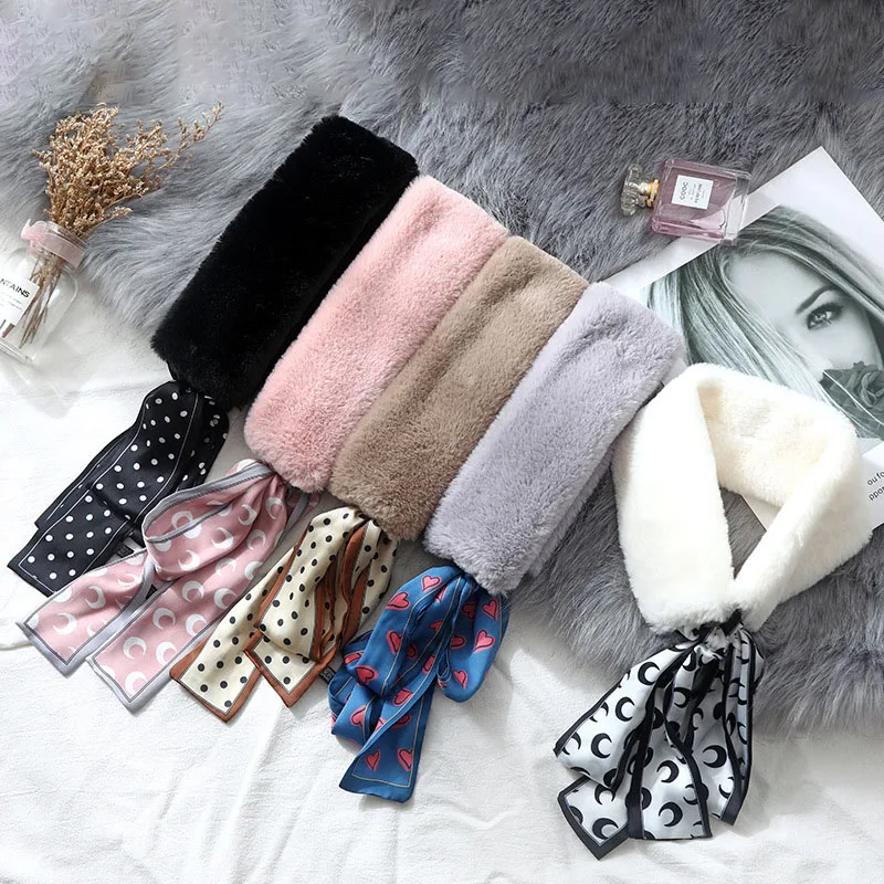 2021 New Dot Silk Printed Scarf Women Winter Warm Fashion Thicken Fur Neck Collar Scarves for Ladies Happy New Year Gifts