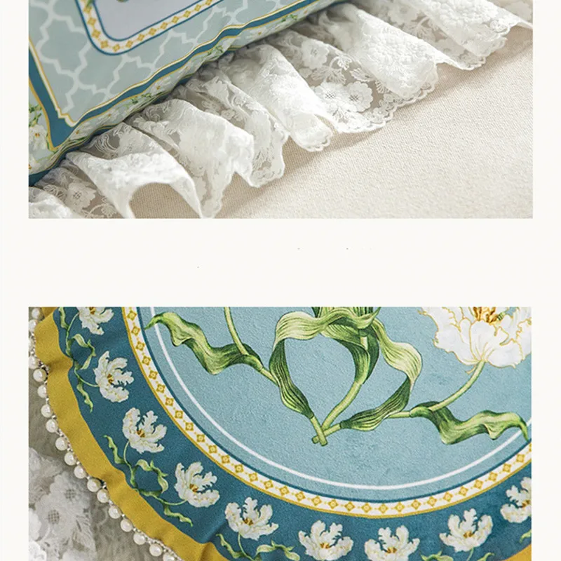 Pearl Cushion Cover with Lily Flowers Artwork, Square Accent Pillow Case, Blue and Green, Light Luxury Lace, 45x45cm view 6