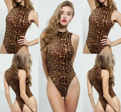 Hirigin-Leopardo Leopardo Bodycon Macacão para Senhoras, Gola Alta Romper, Clubwear Playsuit, Tops