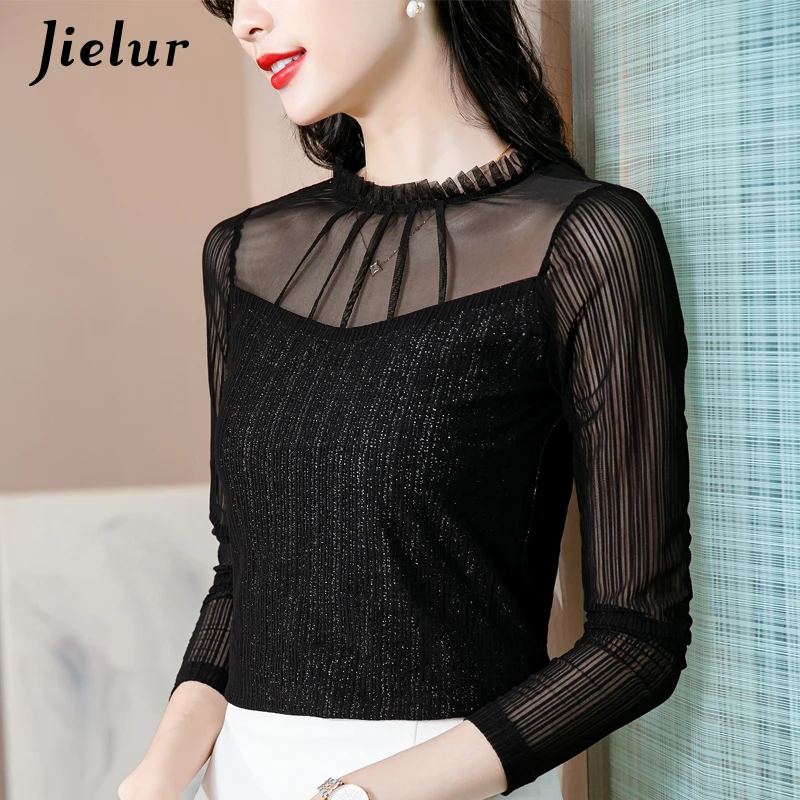 Jielur Full Sleeve Sexy Shiny Hollow Out T-Shirts Women 2021 Black Elegant Basic Top Elasticity Slim Office Lady T shirt S-XXL